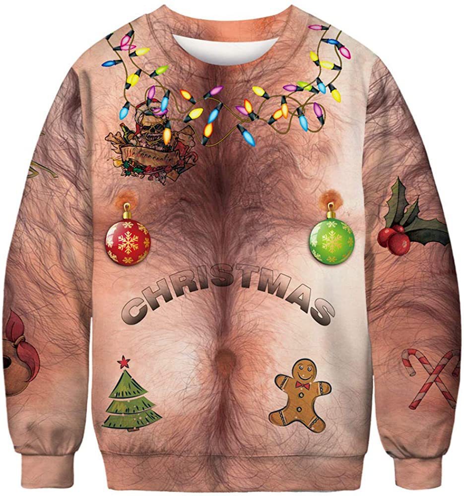 Sweatshirt with Christmas-themed designs and text on a white background