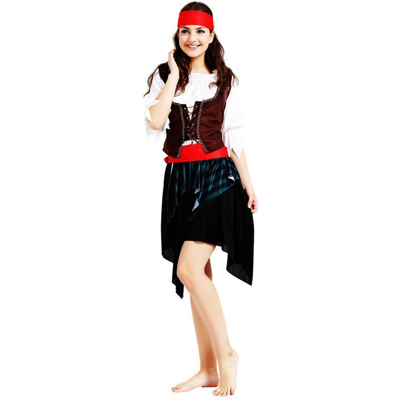 Woman wearing a pirate costume on a white background