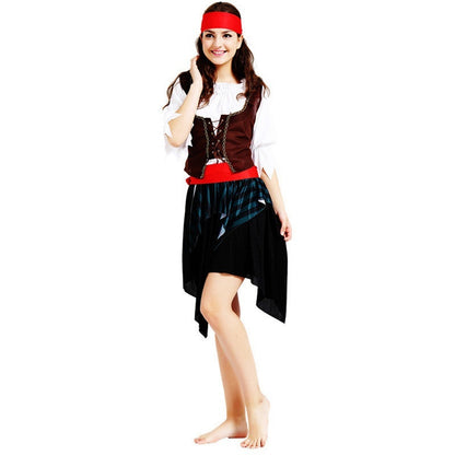 Woman wearing a pirate costume on a white background