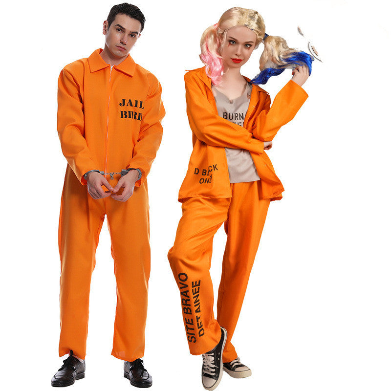 Two people wearing orange prison-themed costumes on a white background