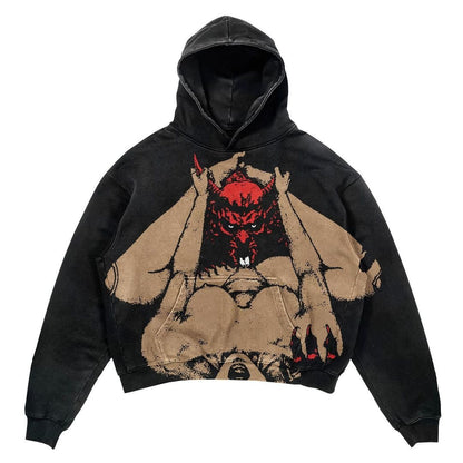 Black hoodie with a graphic design of a bear and red creature on a white background