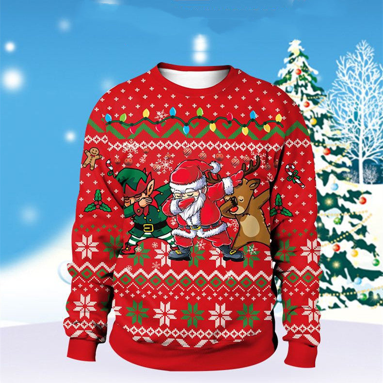 Red Christmas sweater with Santa Claus, elf, and reindeer design against a snowy background.