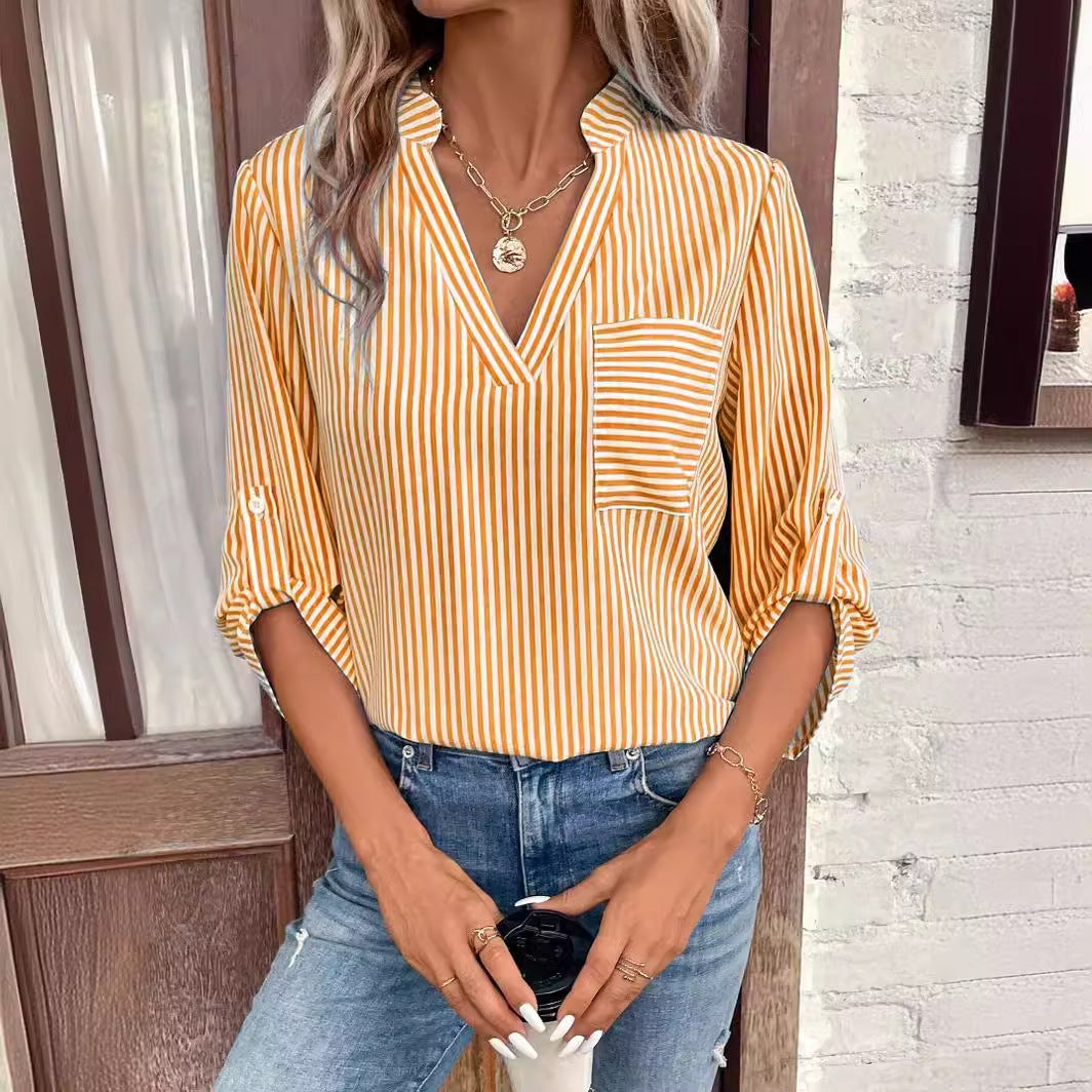 Classic V-Neck Striped Print Long Sleeve Top