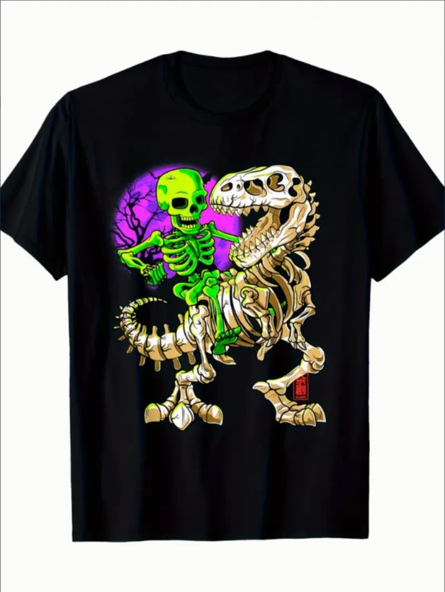 Black t-shirt with colorful skeleton design on a white background