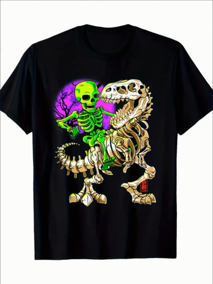 Black t-shirt with colorful skeleton design on a white background