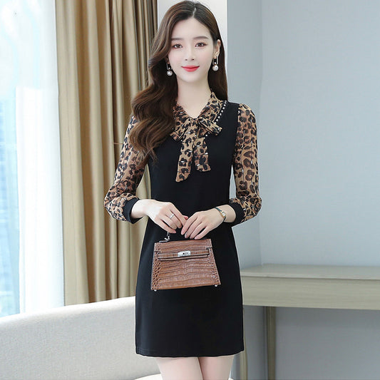 Noble Leopard Print Fake Two-piece Dress Temperament Mother Skirt