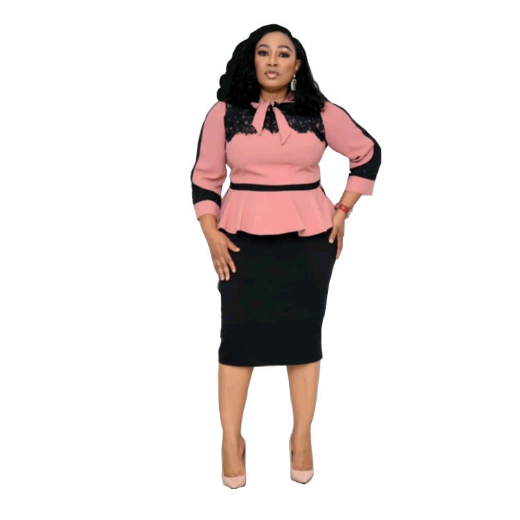 Refined Lace Stitching Dress - Plus Size with Elegant Bow