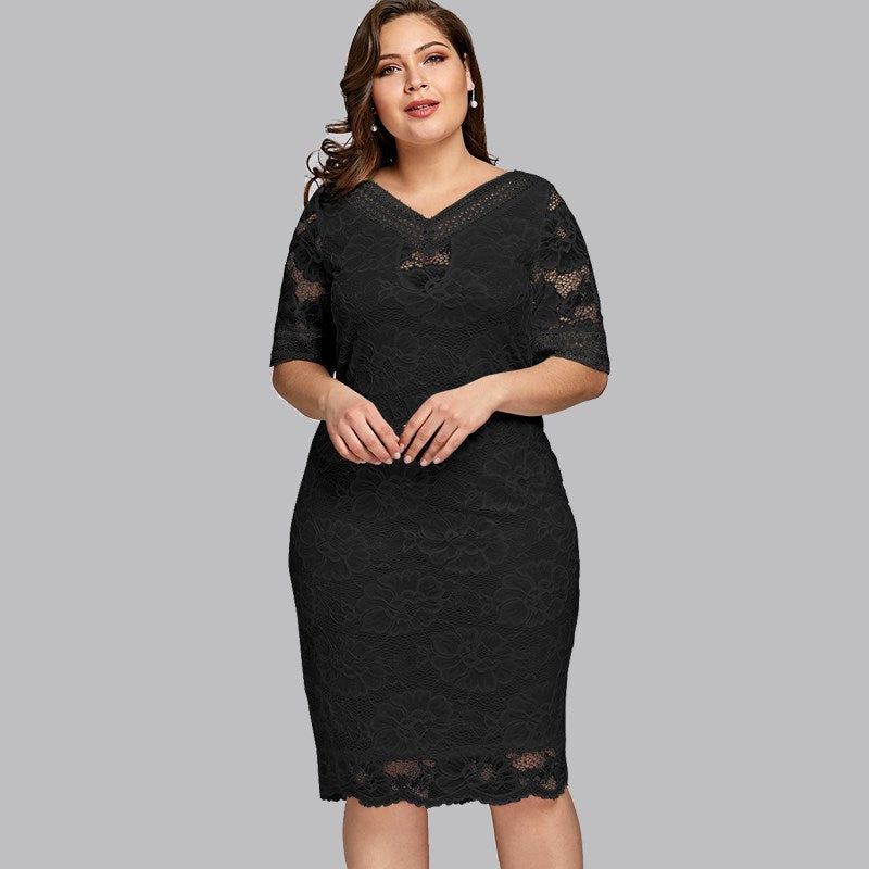 Luxury Lace V-Neck Dress - Large Size, Evening Elegance
