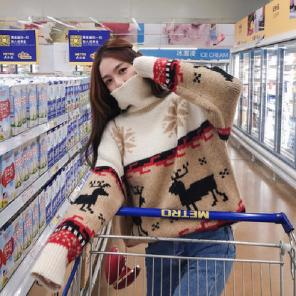 Person wearing a patterned sweater in a supermarket aisle