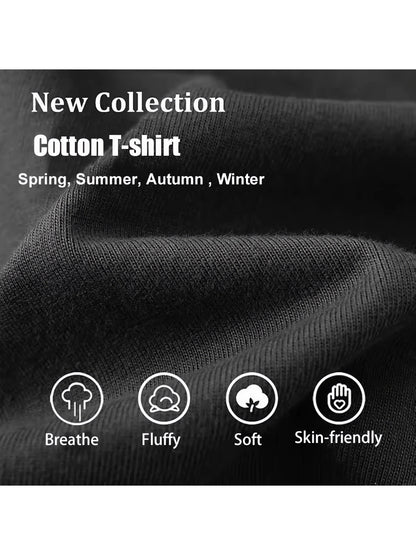 Black cotton t-shirt fabric with product features on a white background