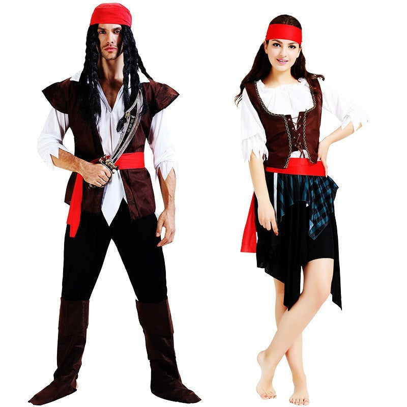 Two people in pirate costumes on a white background