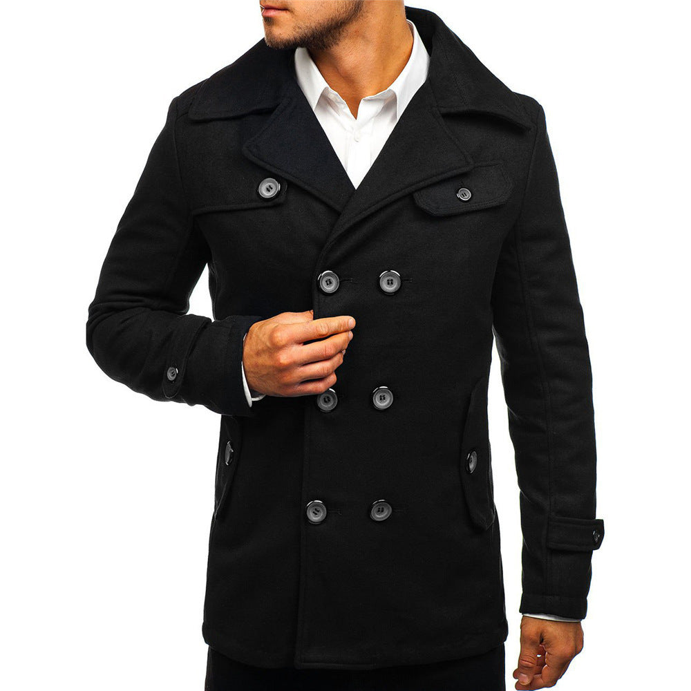 Classic Double-Breasted Woolen Slim Coat for Men