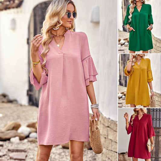 Relaxed Elegance V-Neck Women's Skirt Dress