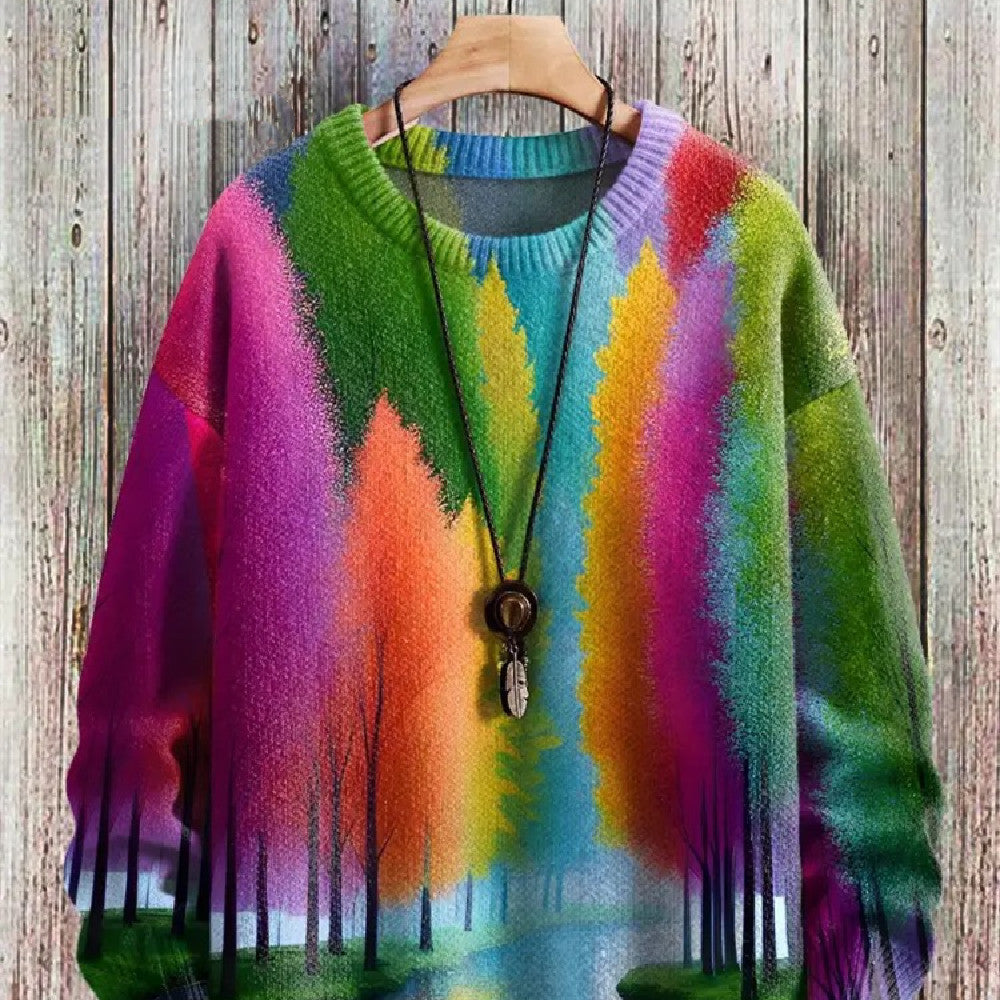 Colorful sweater with a nature-themed design on a wooden background
