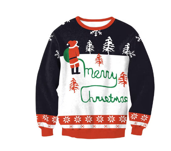 Christmas-themed sweater with Santa Claus design on a white background