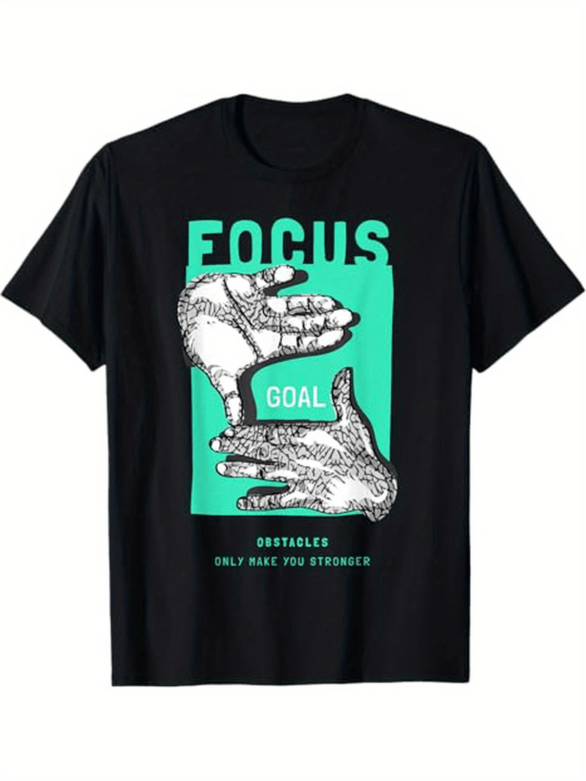 Black t-shirt with graphic design of hands and motivational text on a white background