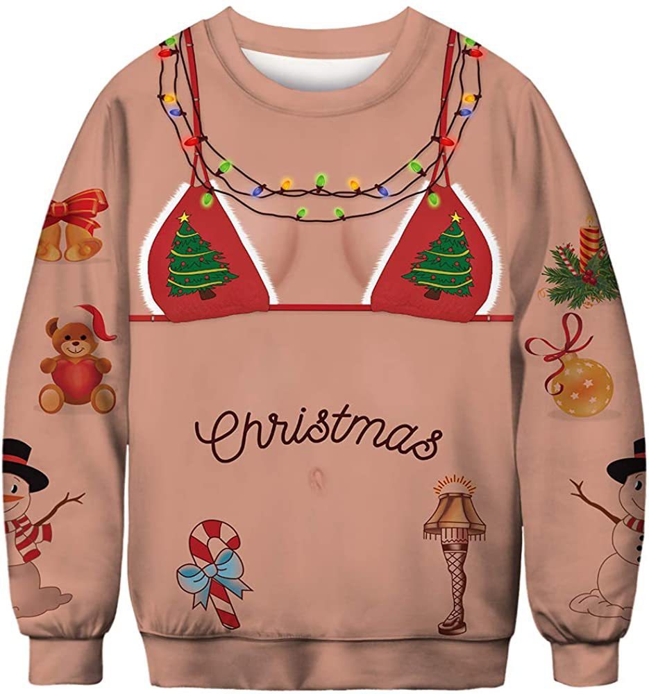 Beige sweater with Christmas-themed designs including trees, lights, and ornaments on a white background.