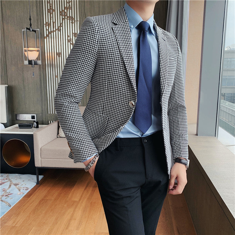 Men’s Slim Houndstooth Jacket – British Style Business Suit
