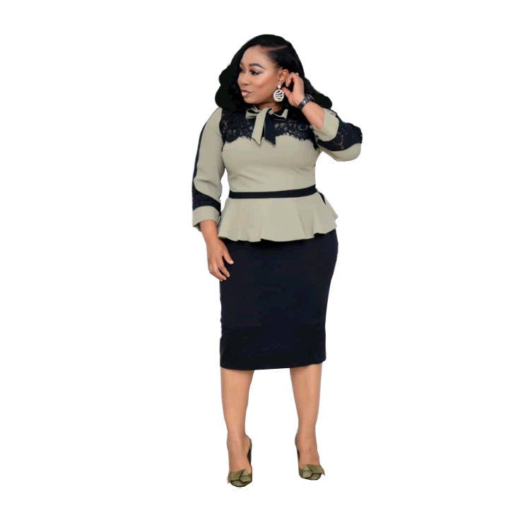 Refined Lace Stitching Dress - Plus Size with Elegant Bow