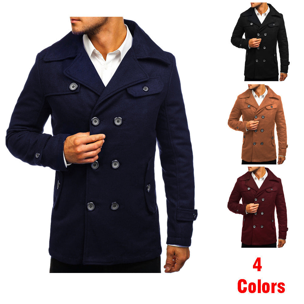 Classic Double-Breasted Woolen Slim Coat for Men