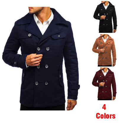 Classic Double-Breasted Woolen Slim Coat for Men