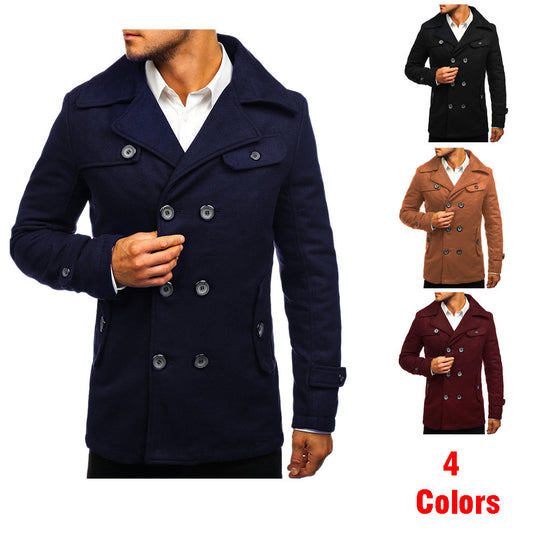 Classic Double-Breasted Woolen Slim Coat for Men