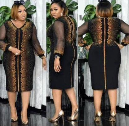 Elegant Slim Fit Chiffon Yarn Long Sleeve Mid-Length Dress - Plus Size