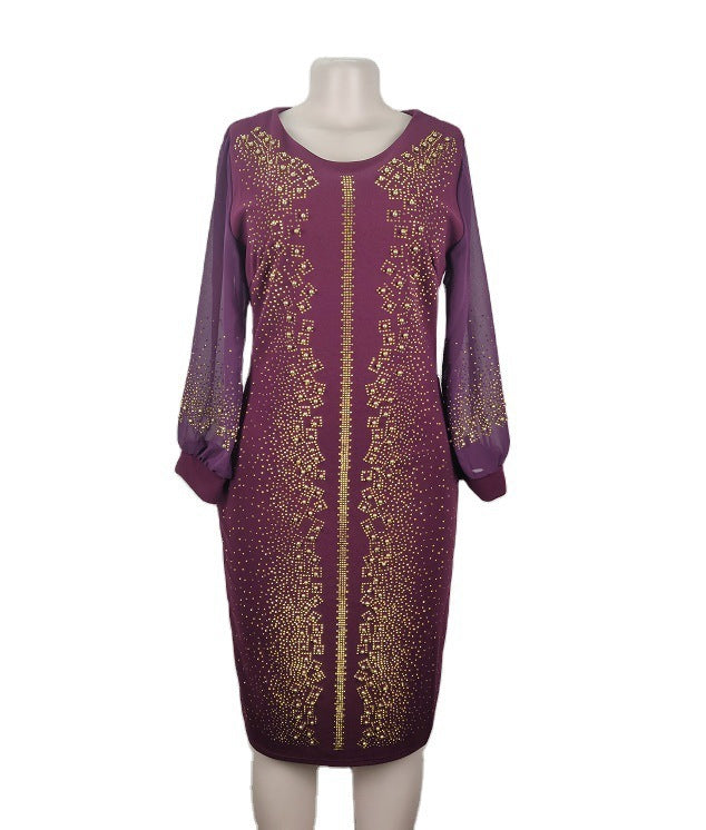 Elegant Slim Fit Chiffon Yarn Long Sleeve Mid-Length Dress - Plus Size