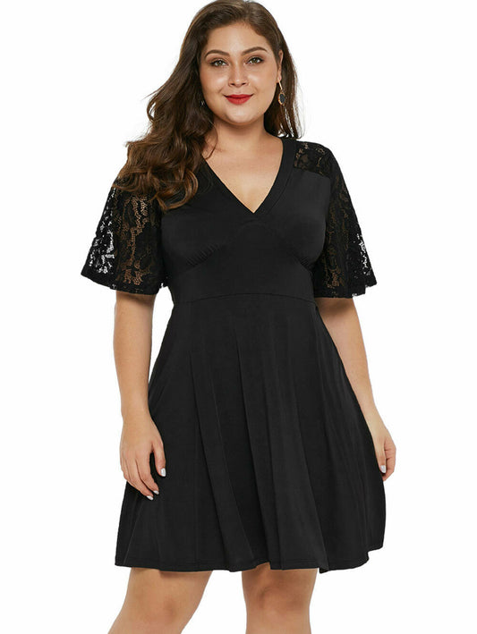 Elegant V-Neck Lace Dress - Plus Size, Short Sleeve Design