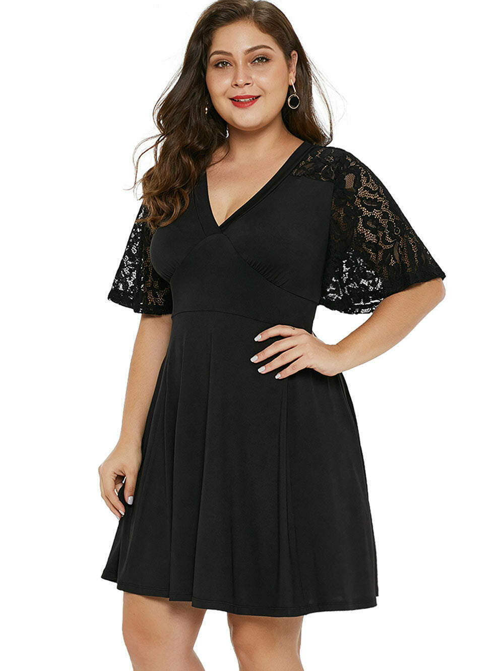 Elegant V-Neck Lace Dress - Plus Size, Short Sleeve Design