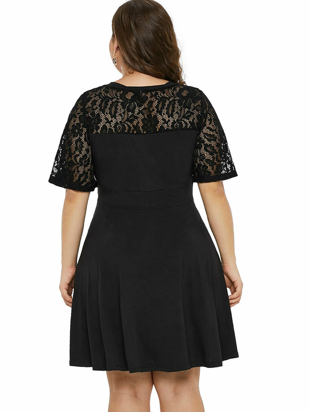 Elegant V-Neck Lace Dress - Plus Size, Short Sleeve Design