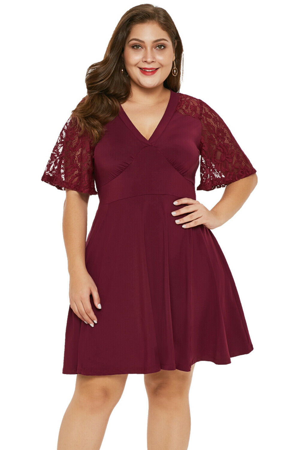 Elegant V-Neck Lace Dress - Plus Size, Short Sleeve Design