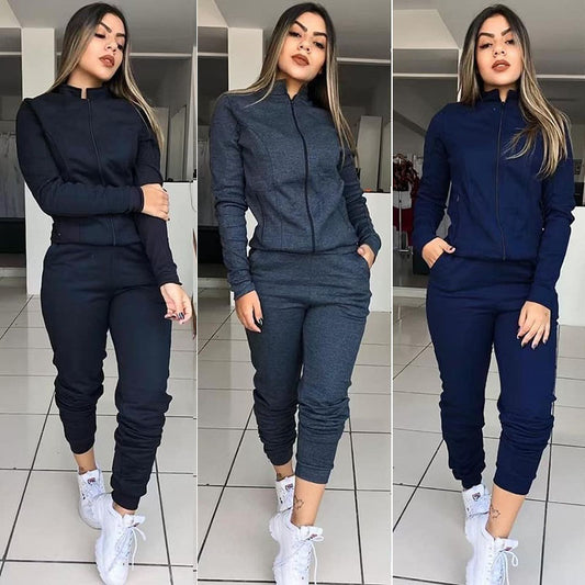 Women's Solid Color Long Sleeve Pants Suit: A Stylish Twinset for Casual Fitness