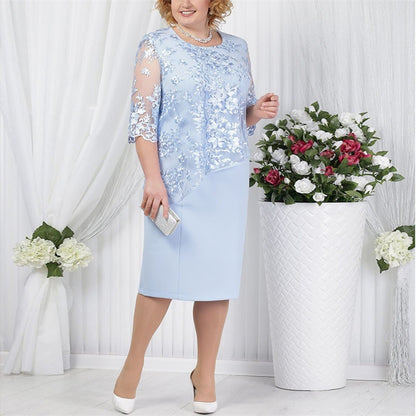 Chic Fake Two-Piece Lace Stitching Dress - Large Size for Women