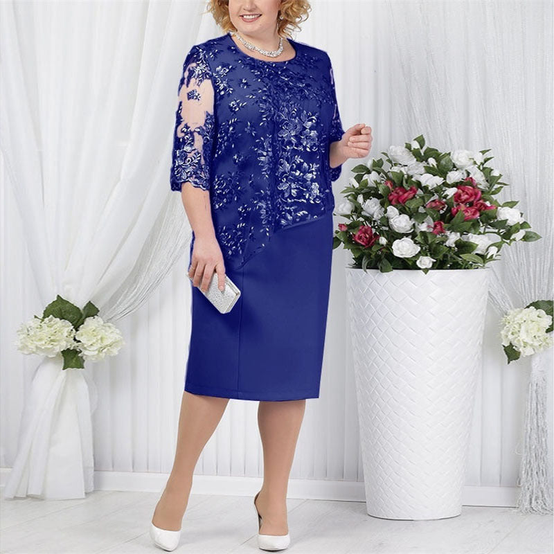 Chic Fake Two-Piece Lace Stitching Dress - Large Size for Women