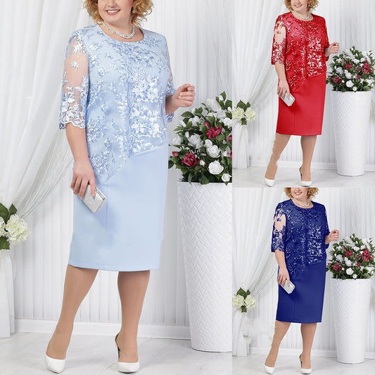 Chic Fake Two-Piece Lace Stitching Dress - Large Size for Women