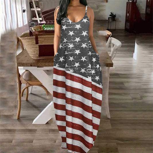 Ladies' Independence Day Deep V Sling Print Dress