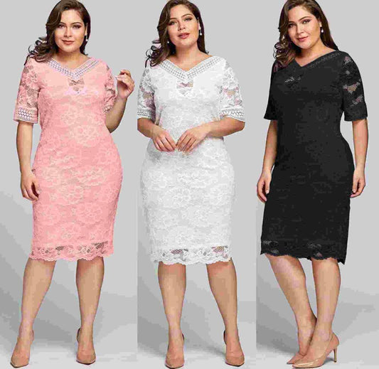 Luxury Lace V-Neck Dress - Large Size, Evening Elegance