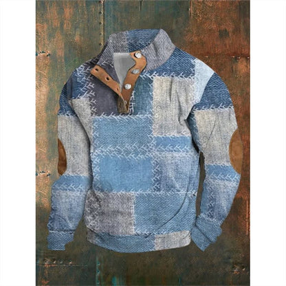 Patchwork sweater with leather collar on a rustic wooden background