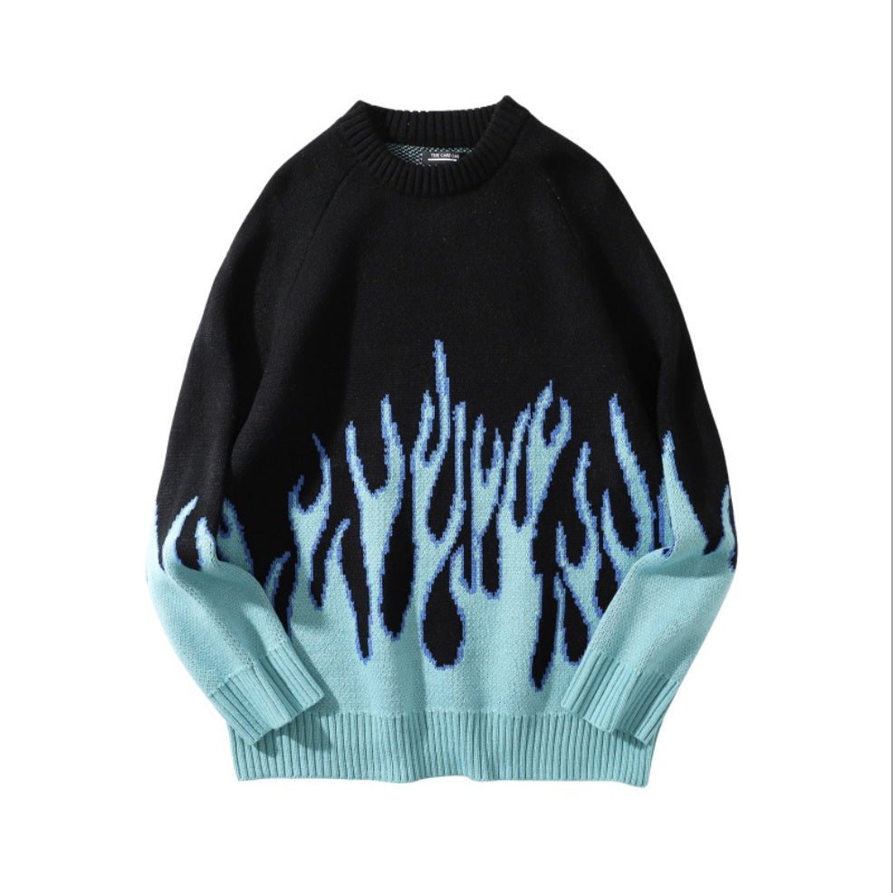 Two individuals wearing black sweatshirts with a blue flame pattern, viewed from the back