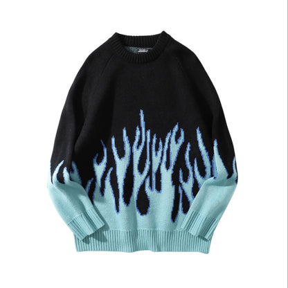 Two individuals wearing black sweatshirts with a blue flame pattern, viewed from the back