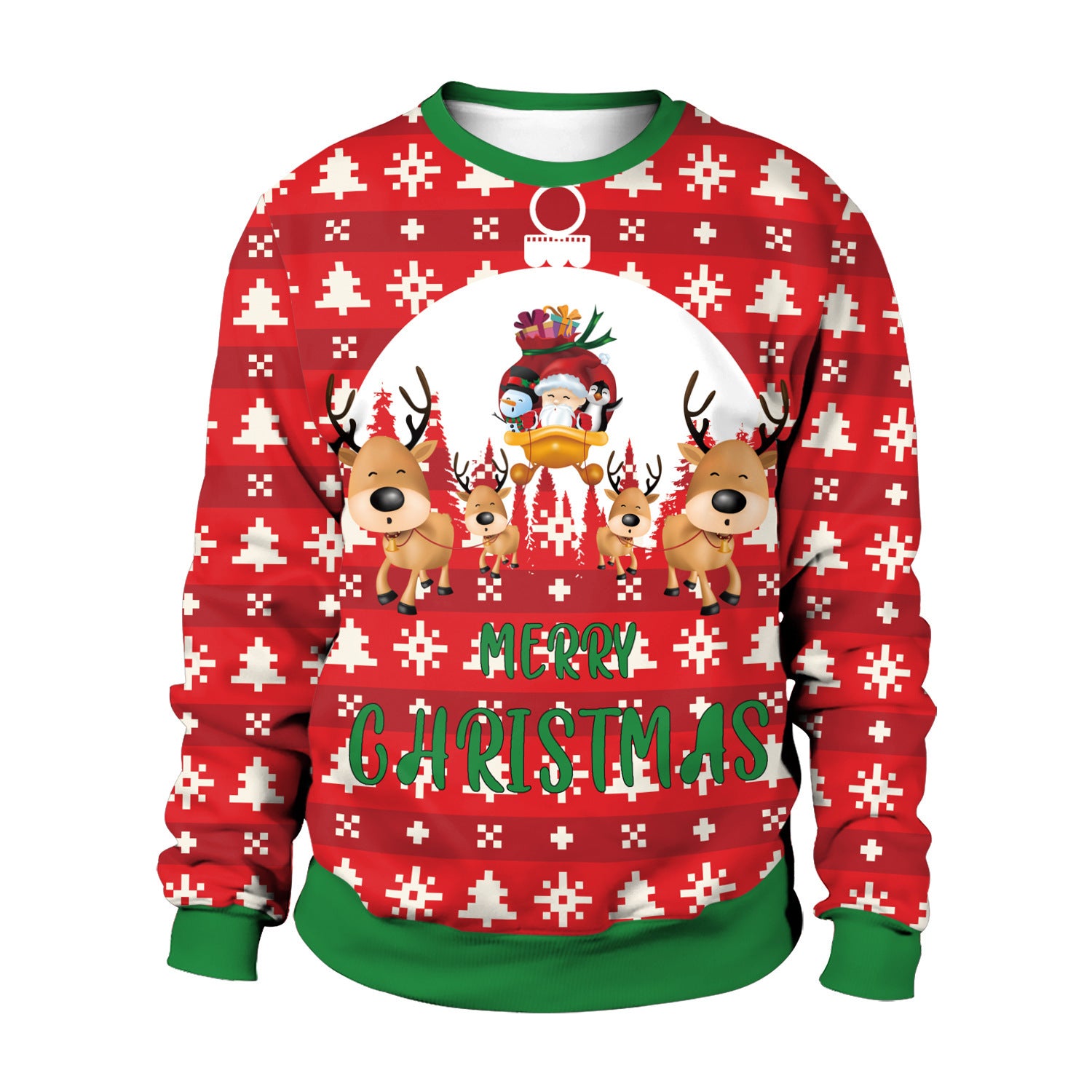 Red Christmas sweater with Santa and reindeer design on a white background