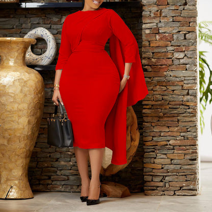 Sophisticated High-Waist Buttock Hugging Dress - Solid Color, Plus Size