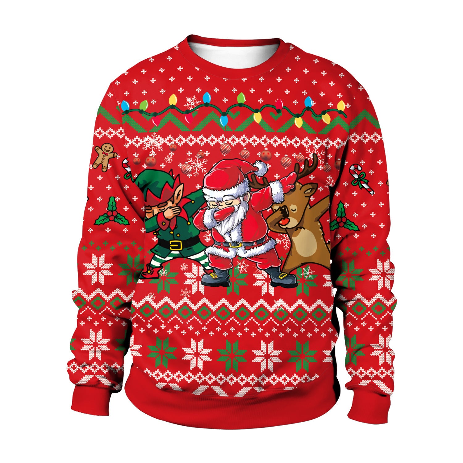 Red Christmas sweater with Santa Claus, elf, and reindeer design on a white background
