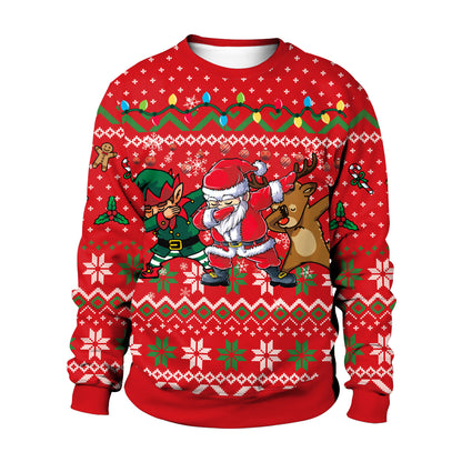 Red Christmas sweater with Santa Claus, elf, and reindeer design on a white background