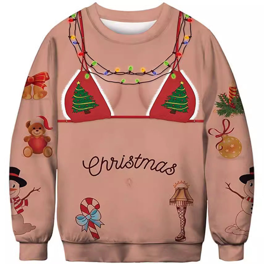 Christmas-themed sweater with various holiday elements on a beige background