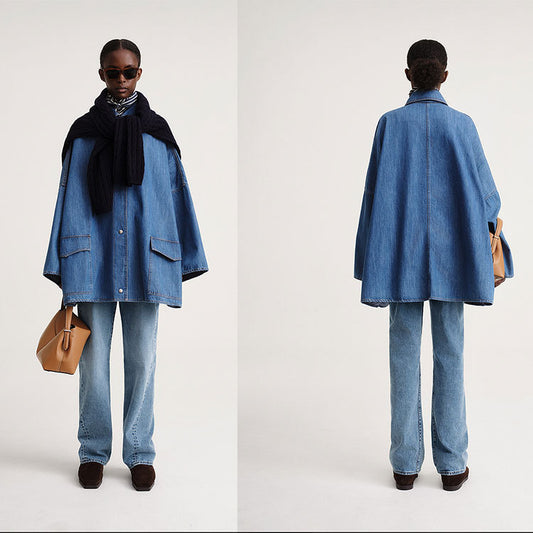 Casual Chic: Cotton A-Line Denim Coat with Drop-Shoulder Design