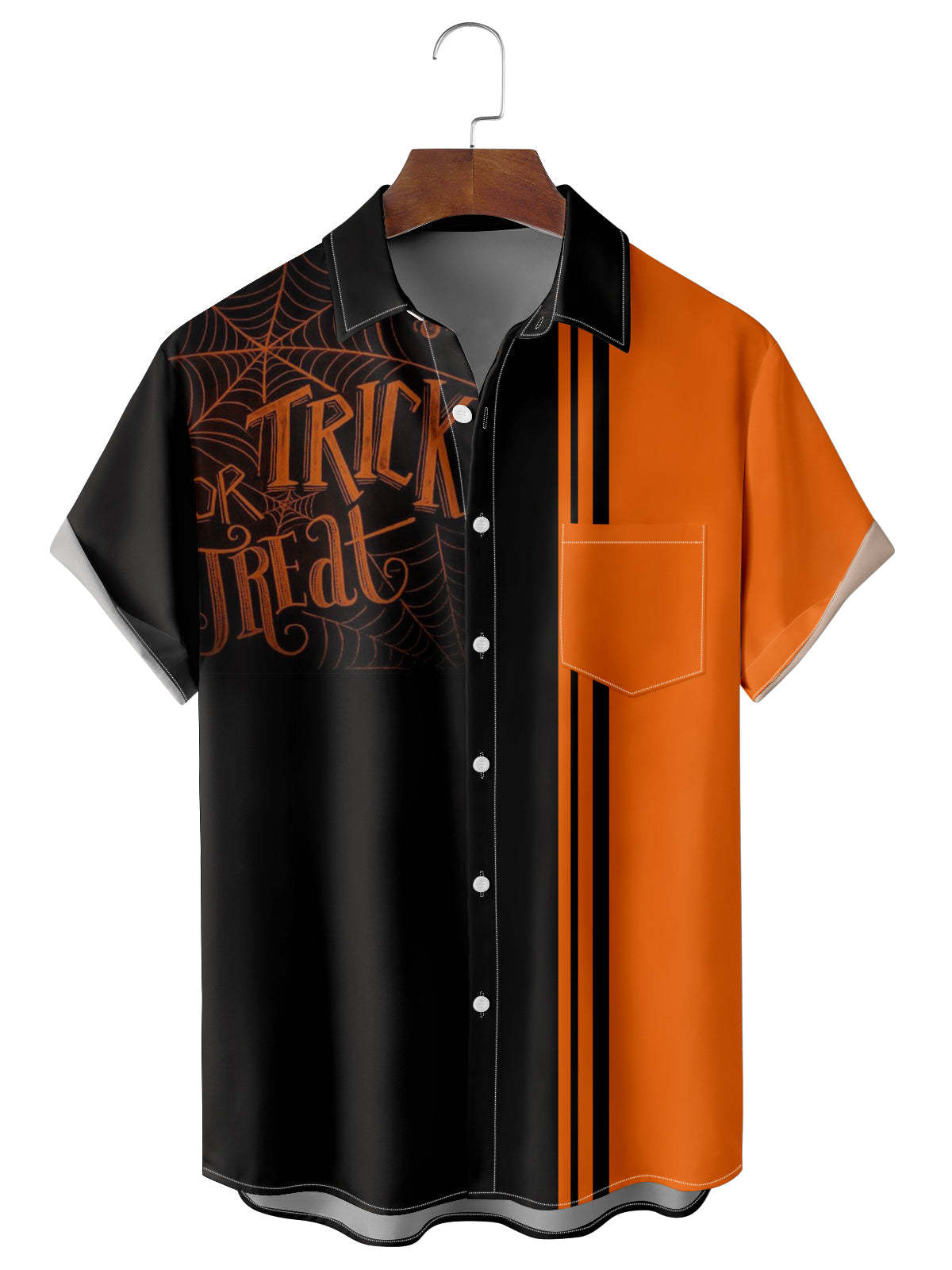 Halloween-themed shirt with black and orange design on a hanger