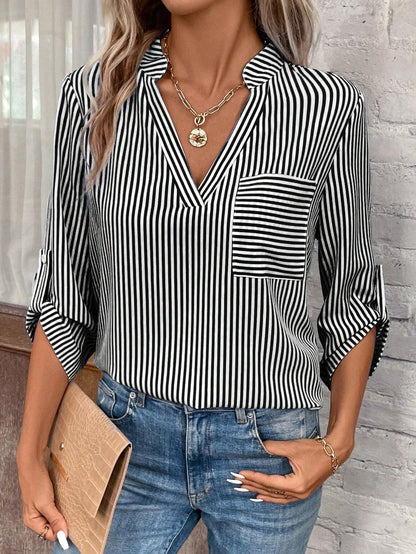 Classic V-Neck Striped Print Long Sleeve Top