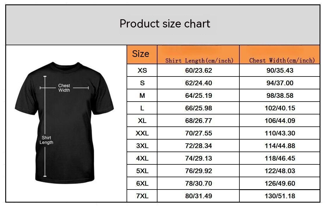 Black t-shirt with size chart on a gray background